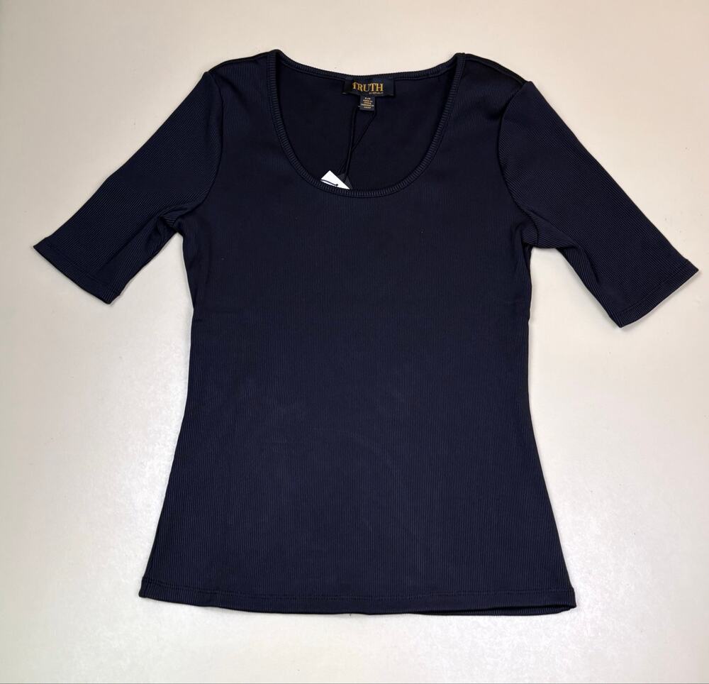 Truth by Republic Womens Small Black Ribbed Scoop Neck Elbow Sleeve Top NWT